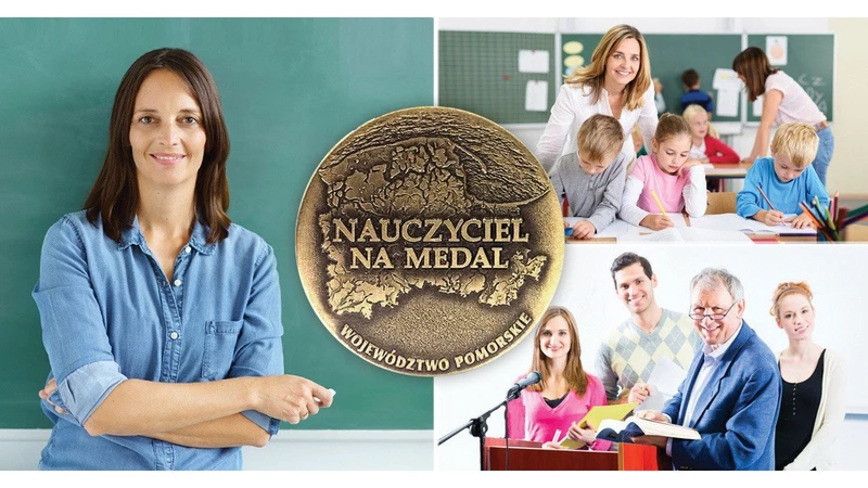 po lewej stronie zdjęcie kobiety, na środku medal z napisem nauczyciel na medal, po prawej u góry zdjęcie nauczycielki i dzieci siedzące w ławkach, na dole profesor na katedrze i uczniowie